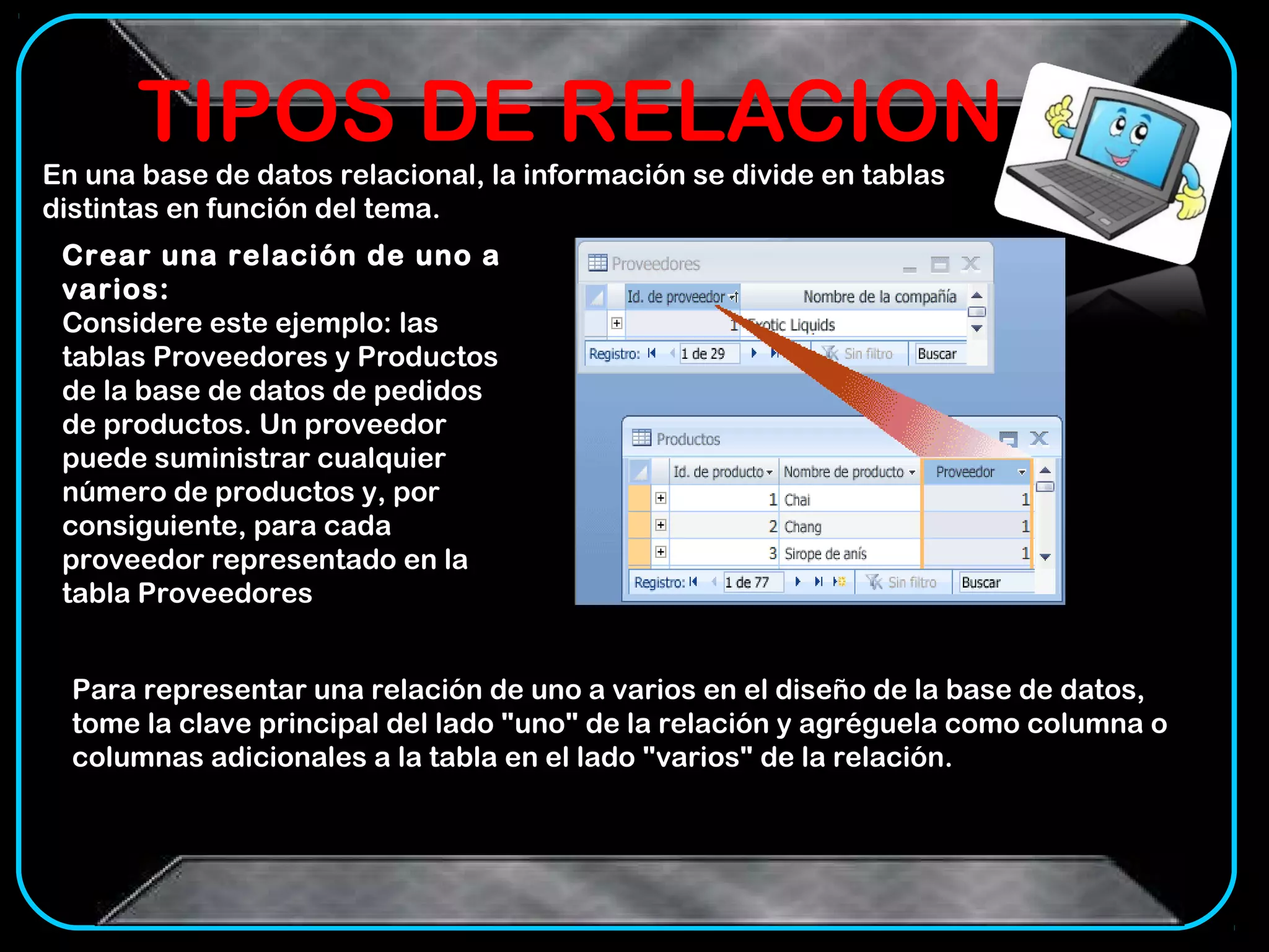 TIPOS DE RELACION
En una base de datos relacional, la información se divide en tablas
distintas en función del tema.
 Crear una relación de uno a
 varios:
 Considere este ejemplo: las
 tablas Proveedores y Productos
 de la base de datos de pedidos
 de productos. Un proveedor
 puede suministrar cualquier
 número de productos y, por
 consiguiente, para cada
 proveedor representado en la
 tabla Proveedores


  Para representar una relación de uno a varios en el diseño de la base de datos,
  tome la clave principal del lado "uno" de la relación y agréguela como columna o
  columnas adicionales a la tabla en el lado "varios" de la relación.
 