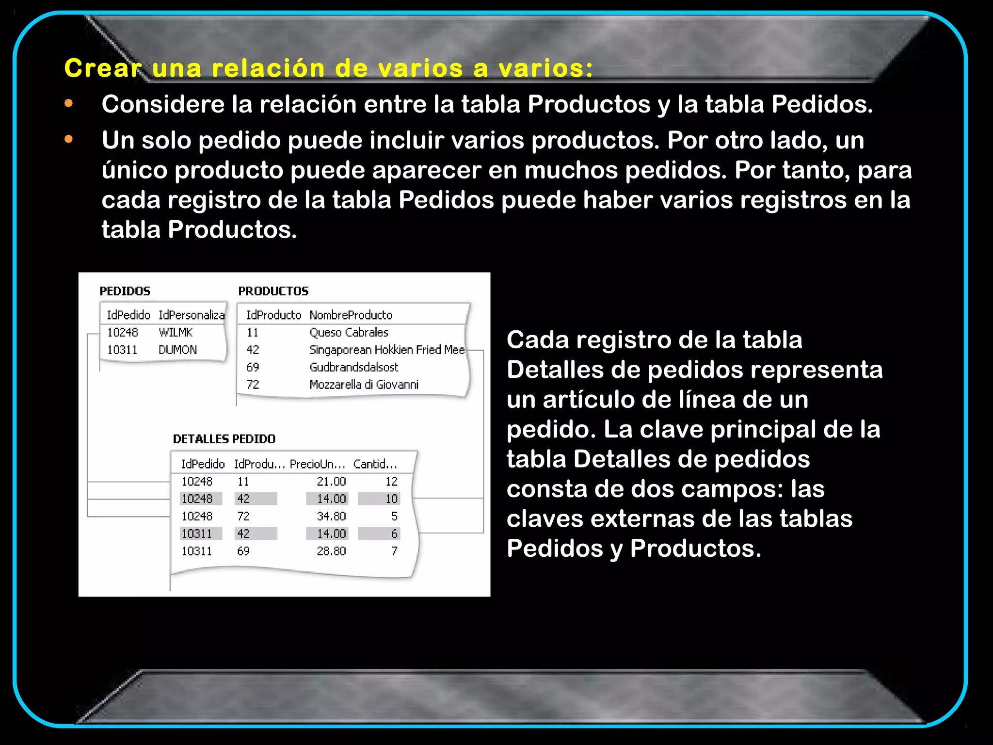 Crear una relación de varios a varios:
• Considere la relación entre la tabla Productos y la tabla Pedidos.
• Un solo pedido puede incluir varios productos. Por otro lado, un
  único producto puede aparecer en muchos pedidos. Por tanto, para
  cada registro de la tabla Pedidos puede haber varios registros en la
  tabla Productos.



                                    Cada registro de la tabla
                                    Detalles de pedidos representa
                                    un artículo de línea de un
                                    pedido. La clave principal de la
                                    tabla Detalles de pedidos
                                    consta de dos campos: las
                                    claves externas de las tablas
                                    Pedidos y Productos.
 
