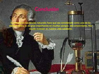  Bibliografía   ……………………………………………………………………..10LA QUIMICALa química es de gran importancia en muchos campos del conocimiento, como la ciencia de materiales, la biología, la farmacia, la medicina, la geología, la estructura de los átomos, La ingeniería y la astronomía, entre otros.Los procesos naturales estudiados por la química involucran partículas fundamentales como electrones, protones y neutrones, partículas compuestas por núcleos atómicos, átomos y moléculas o estructuras microscópicas como cristales y superficies.