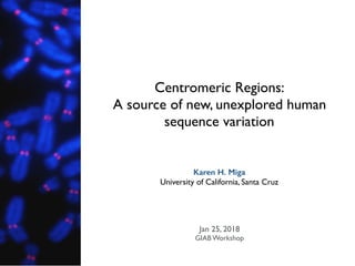Centromeric Regions:
A source of new, unexplored human
sequence variation
Karen H. Miga
University of California, Santa Cruz
Jan 25, 2018
GIAB Workshop
 