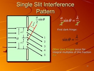 Single Slit Interference
Pattern
a
sin θ
2

First dark fringe:

a/2

a

1
a/2

a
λ
sin θ =
2
2

2
3
4
5

λ
sin θ =
a
Other dark fringes occur for
integral multiples of this fraction
λ/a.

12

 