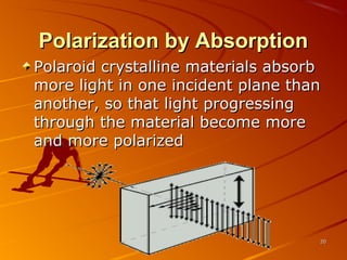 Polarization by Absorption
Polaroid crystalline materials absorb
more light in one incident plane than
another, so that light progressing
through the material become more
and more polarized

20

 