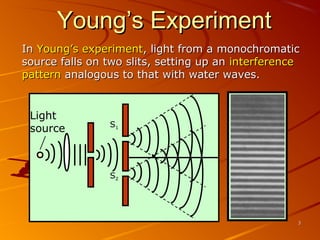 Young’s Experiment
In Young’s experiment, light from a monochromatic
source falls on two slits, setting up an interference
pattern analogous to that with water waves.

Light
source

S1

S2

3

 