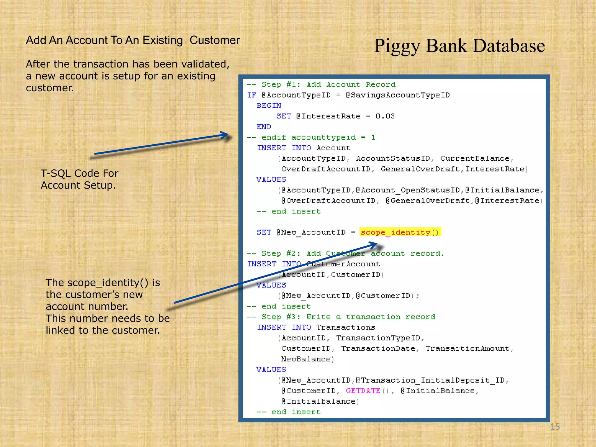   Piggy Bank DatabaseAdd An Account To An Existing  CustomerAfter the transaction has been validated,a new account is setup for an existing customer.T-SQL Code For Account Setup.The scope_identity() is the customer’s new account number.This number needs to be linked to the customer.15