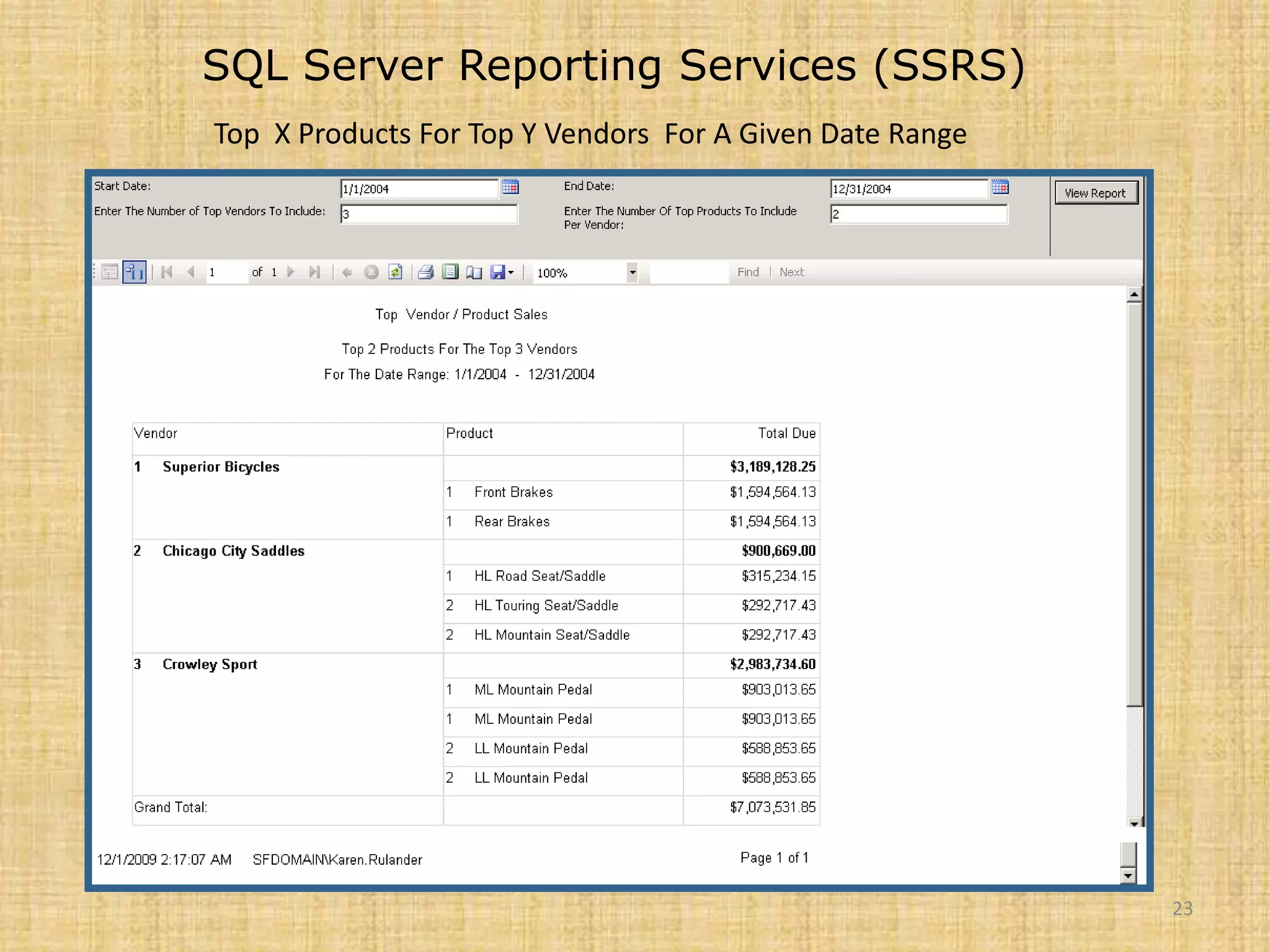 SQL Server Reporting Services (SSRS)Top  X Products For Top Y Vendors  For A Given Date Range23