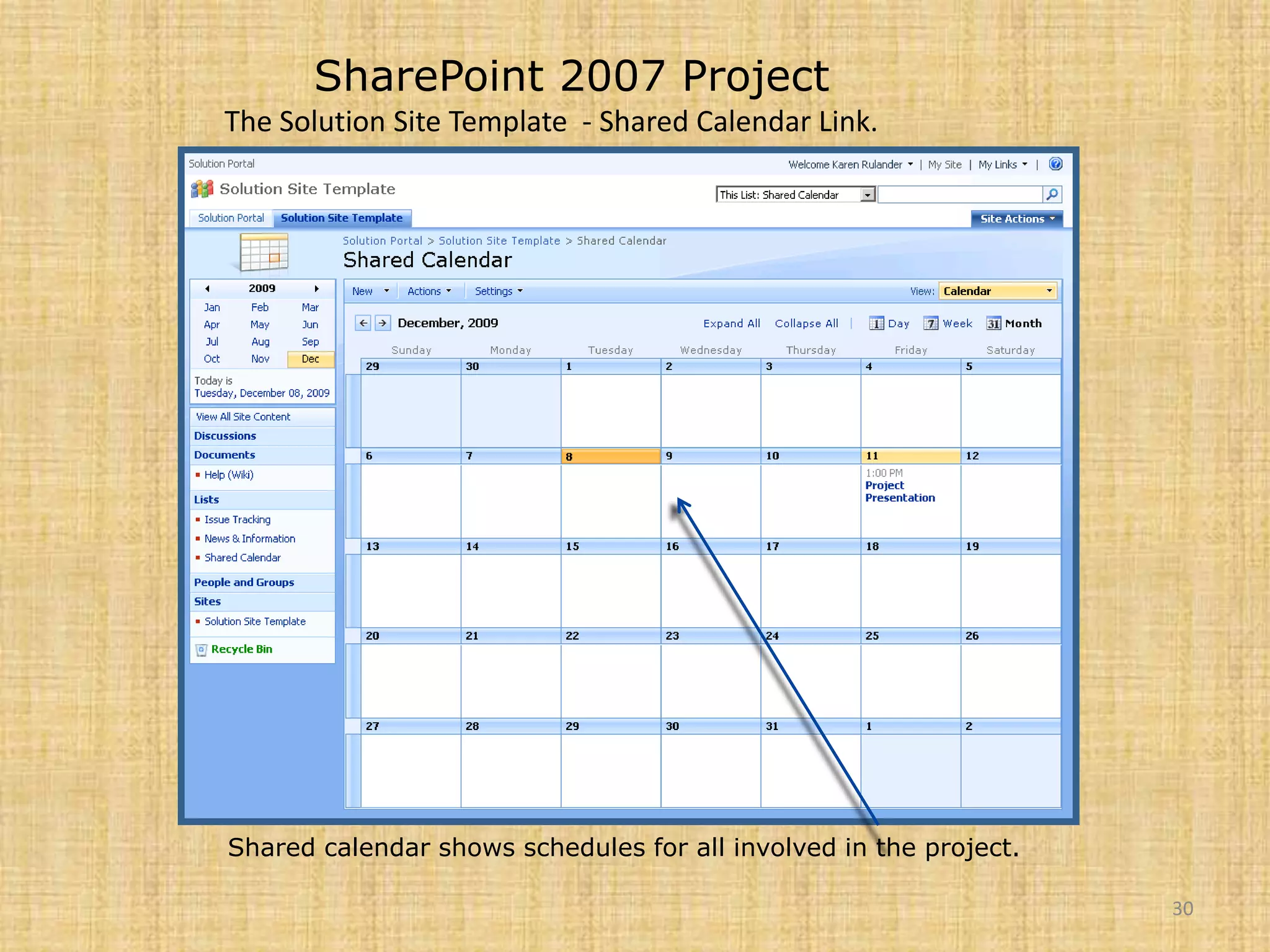 30SharePoint 2007 ProjectThe Solution Site Template  - Shared Calendar Link.Shared calendar shows schedules for all involved in the project.