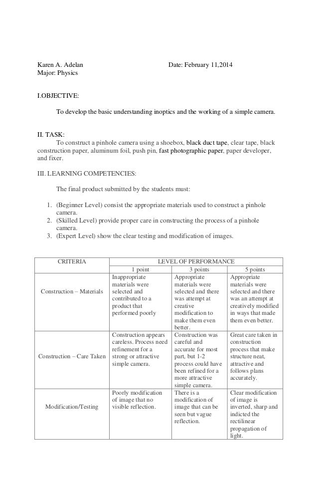pinhole camera product oriented assessment rubric
