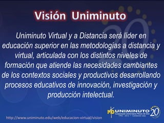 Uniminuto Virtual y a Distancia será líder en
educación superior en las metodologías a distancia y
     virtual, articulada con los distintos niveles de
 formación que atiende las necesidades cambiantes
de los contextos sociales y productivos desarrollando
 procesos educativos de innovación, investigación y
                   producción intelectual.

 http://www.uniminuto.edu/web/educacion-virtual/vision
 
