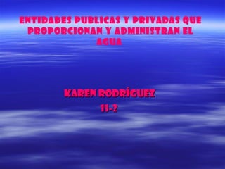 ENTIDADES PUBLICAS Y PRIVADAS QUE PROPORCIONAN Y ADMINISTRAN EL AGUA  Karen Rodríguez 11-2  
