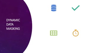 DYNAMIC
DATA
MASKING
Done at column level
(NOT ENCRYPTION!)
Data in the database, at
rest, has no protection.
Meant to complement
other methods
Performed at the end of
a database query right
before data returned
Performance impact
small
 