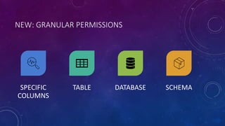 NEW: GRANULAR PERMISSIONS
SPECIFIC
COLUMNS
TABLE DATABASE SCHEMA
 