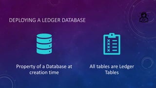 DEPLOYING A LEDGER DATABASE
Property of a Database at
creation time
All tables are Ledger
Tables
 
