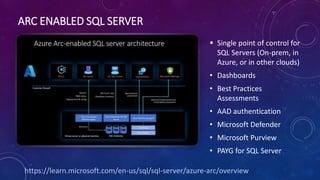 ARC ENABLED SQL SERVER
 Single point of control for
SQL Servers (On-prem, in
Azure, or in other clouds)
• Dashboards
• Best Practices
Assessments
• AAD authentication
• Microsoft Defender
• Microsoft Purview
• PAYG for SQL Server
https://learn.microsoft.com/en-us/sql/sql-server/azure-arc/overview
 