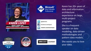 KAREN LOPEZ
Karen has 20+ years of
data and information
architecture
experience on large,
multi-project
programs.
She is a frequent
speaker on data
modeling, data-driven
methodologies and
pattern data models.
She wants you to love
your data.
 