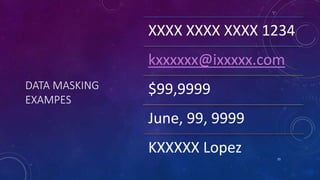 DATA MASKING
EXAMPES
XXXX XXXX XXXX 1234
kxxxxxx@ixxxxx.com
$99,9999
June, 99, 9999
KXXXXX Lopez 25
 