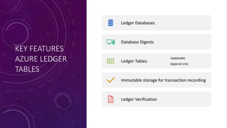 KEY FEATURES
AZURE LEDGER
TABLES
Ledger Databases
Database Digests
Ledger Tables
Updatable
Append only
Immutable storage for transaction recording
Ledger Verification
 