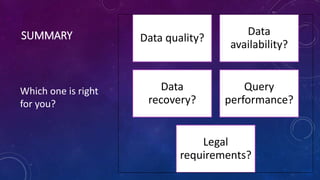 SUMMARY Data quality?
Data
availability?
Data
recovery?
Query
performance?
Legal
requirements?
Which one is right
for you?
 