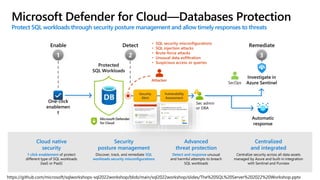 Microsoft Defender for Cloud—Databases Protection
Protect SQL workloads through security posture management and allow timely responses to threats
• SQL security misconfigurations
• SQL injection attacks
• Brute-force attacks
• Unusual data exfiltration
• Suspicious access or queries
Cloud native
security
1-click enablement of protect
different type of SQL workloads
(IaaS or PaaS)
Security
posture management
Discover, track, and remediate SQL
workloads security misconfigurations
Advanced
threat protection
Detect and response unusual
and harmful attempts to breach
SQL workloads
Centralized
and integrated
Centralize security across all data assets
managed by Azure and built-in integration
with Sentinel and Purview
1 2 3
https://github.com/microsoft/sqlworkshops-sql2022workshop/blob/main/sql2022workshop/slides/The%20SQL%20Server%202022%20Workshop.pptx
 