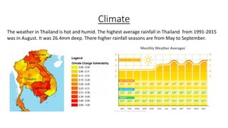 Climate
The weather in Thailand is hot and humid. The highest average rainfall in Thailand from 1991-2015
was in August. It was 26.4mm deep. There higher rainfall seasons are from May to September.
 