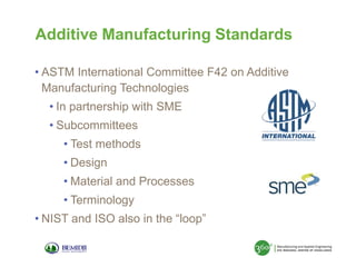 Additive Manufacturing Standards
• ASTM International Committee F42 on Additive
Manufacturing Technologies
• In partnership with SME
• Subcommittees

• Test methods
• Design
• Material and Processes
• Terminology
• NIST and ISO also in the “loop”

 
