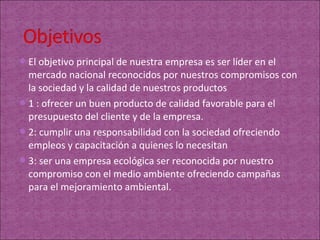 El objetivo principal de nuestra empresa es ser líder en el
 mercado nacional reconocidos por nuestros compromisos con
 la sociedad y la calidad de nuestros productos
1 : ofrecer un buen producto de calidad favorable para el
 presupuesto del cliente y de la empresa.
2: cumplir una responsabilidad con la sociedad ofreciendo
 empleos y capacitación a quienes lo necesitan
3: ser una empresa ecológica ser reconocida por nuestro
 compromiso con el medio ambiente ofreciendo campañas
 para el mejoramiento ambiental.
 