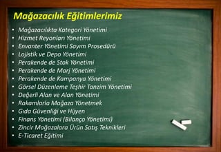 • Mağazacılıkta Kategori Yönetimi
• Hizmet Reyonları Yönetimi
• Envanter Yönetimi Sayım Prosedürü
• Lojistik ve Depo Yönetimi
• Perakende de Stok Yönetimi
• Perakende de Marj Yönetimi
• Perakende de Kampanya Yönetimi
• Görsel Düzenleme Teşhir Tanzim Yönetimi
• Değerli Alan ve Alan Yönetimi
• Rakamlarla Mağaza Yönetmek
• Gıda Güvenliği ve Hijyen
• Finans Yönetimi (Bilanço Yönetimi)
• Zincir Mağazalara Ürün Satış Teknikleri
• E-Ticaret Eğitimi
Mağazacılık Eğitimlerimiz
 