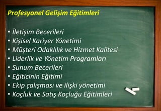 • İletişim Becerileri
• Kişisel Kariyer Yönetimi
• Müşteri Odaklılık ve Hizmet Kalitesi
• Liderlik ve Yönetim Programları
• Sunum Becerileri
• Eğiticinin Eğitimi
• Ekip çalışması ve ilişki yönetimi
• Koçluk ve Satış Koçluğu Eğitimleri
Profesyonel Gelişim Eğitimleri
 