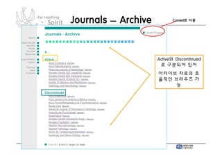 Journals – Archive          Current로 이동




                     Active와 Discontinued
                      로 구분되어 있어
                     아카이브 자료의 효
                     율적인 브라우즈 가
                          능
 