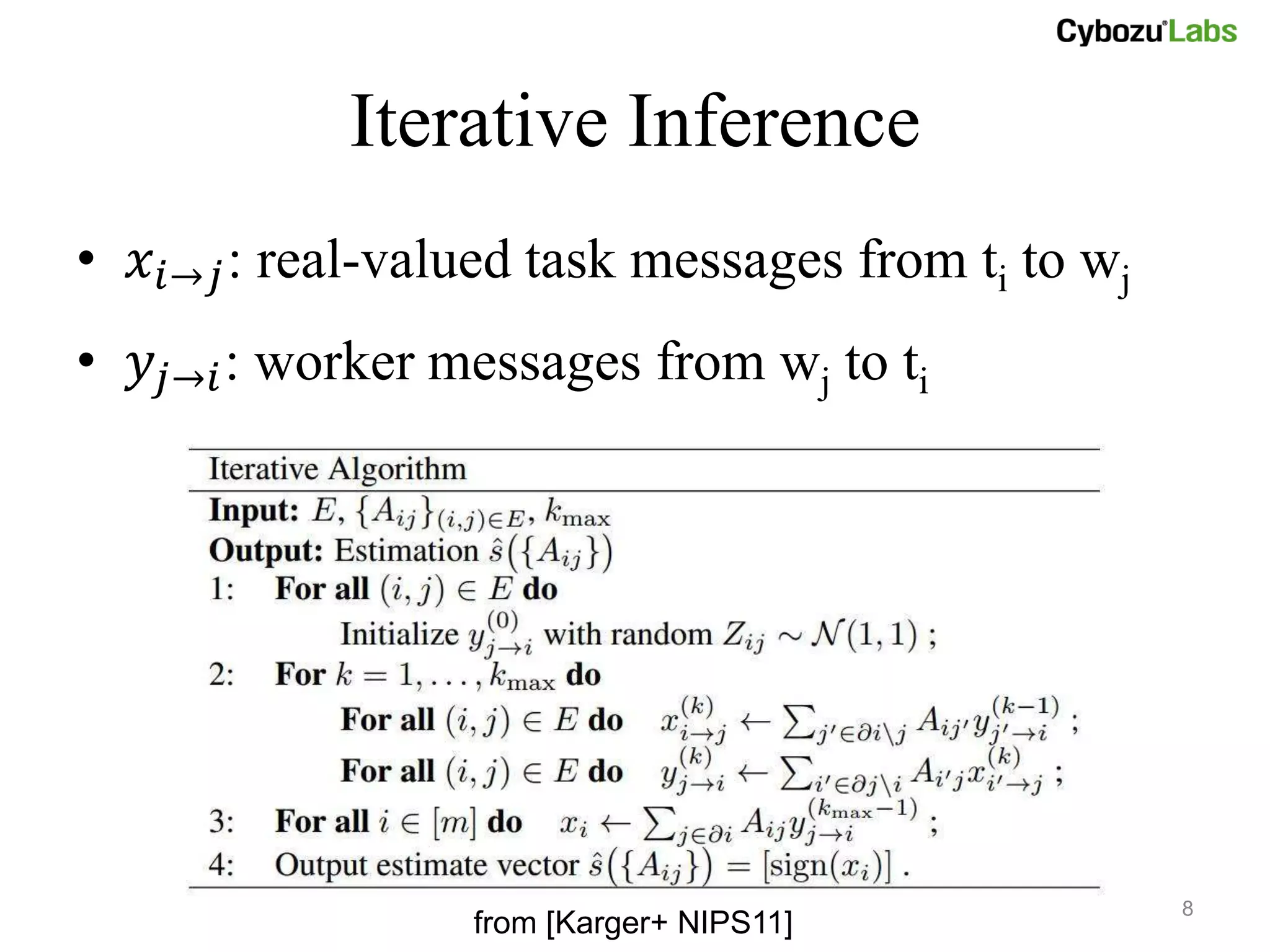 Iterative Inference
• 𝑥 𝑖→𝑗 : real-valued task messages from ti to wj
• 𝑦 𝑗→𝑖 : worker messages from wj to ti




                                                    8
                  from [Karger+ NIPS11]
 