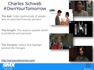 Charles Schwab 
#OwnYourTomorrow 
The Ask: Video testimonials of people 
who’ve switched financial advisors 
The Insight: ...