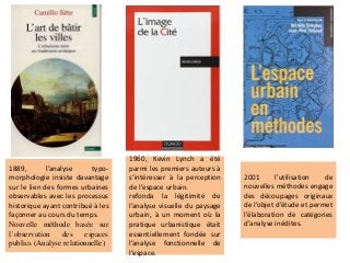 2001 l’utilisation de
nouvelles méthodes engage
des découpages originaux
de l’objet d’étude et permet
l’élaboration de catégories
d’analyse inédites.
1889, l’analyse typo-
morphologie insiste davantage
sur le lien des formes urbaines
observables avec les processus
historique ayant contribué à les
façonner au cours du temps.
Nouvelle méthode basée sur
l’observation des espaces
publics (Analyse relationnelle)
1960, Kevin Lynch a été
parmi les premiers auteurs à
s’intéresser à la perception
de l’espace urbain.
refonda la légitimité de
l’analyse visuelle du paysage
urbain, à un moment où la
pratique urbanistique était
essentiellement fondée sur
l’analyse fonctionnelle de
l’espace.
 