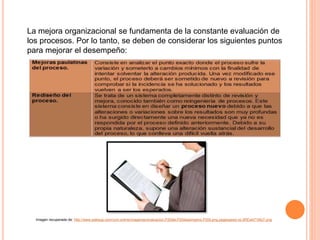 La mejora organizacional se fundamenta de la constante evaluación de
los procesos. Por lo tanto, se deben de considerar los siguientes puntos
para mejorar el desempeño:
Imagen recuperada de: http://www.salesup.com/crm-online/imagenes/evaluacion,P20del,P20desempeno,P20ii.png.pagespeed.ce.5REwb71MqT.png
 