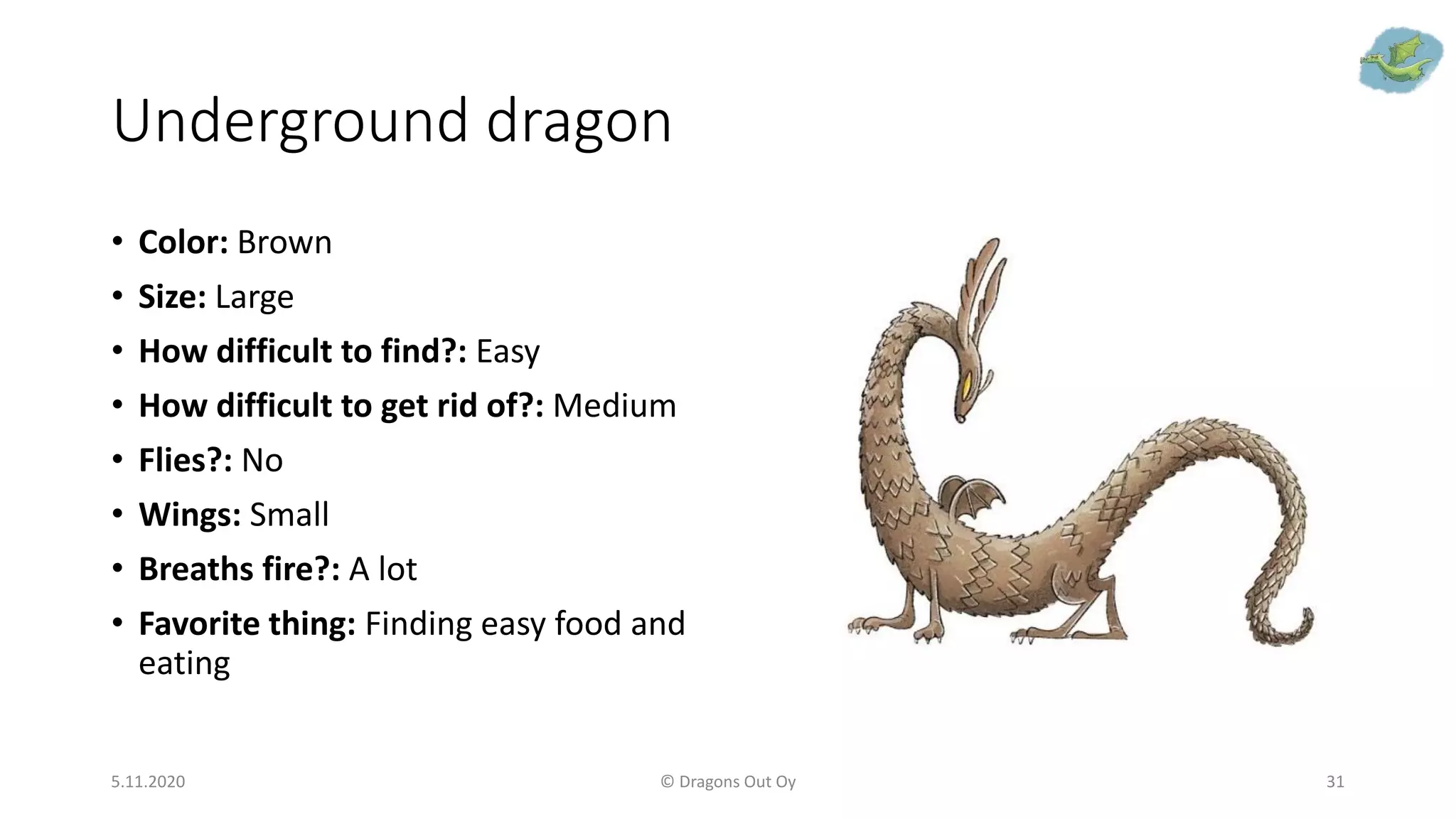 Underground dragon
• Color: Brown
• Size: Large
• How difficult to find?: Easy
• How difficult to get rid of?: Medium
• Flies?: No
• Wings: Small
• Breaths fire?: A lot
• Favorite thing: Finding easy food and
eating
5.11.2020 © Dragons Out Oy 31
 