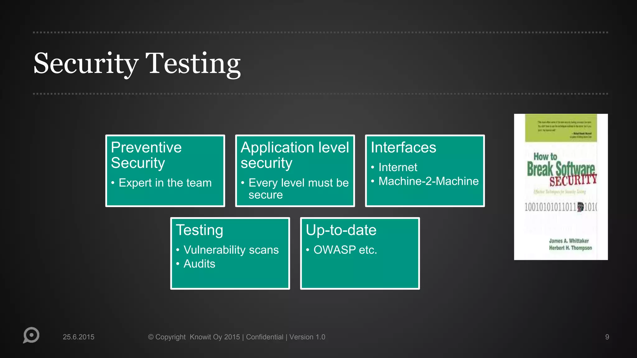 Security Testing
25.6.2015 © Copyright Knowit Oy 2015 | Confidential | Version 1.0 9
Preventive
Security
• Expert in the team
Application level
security
• Every level must be
secure
Interfaces
• Internet
• Machine-2-Machine
Testing
• Vulnerability scans
• Audits
Up-to-date
• OWASP etc.
 