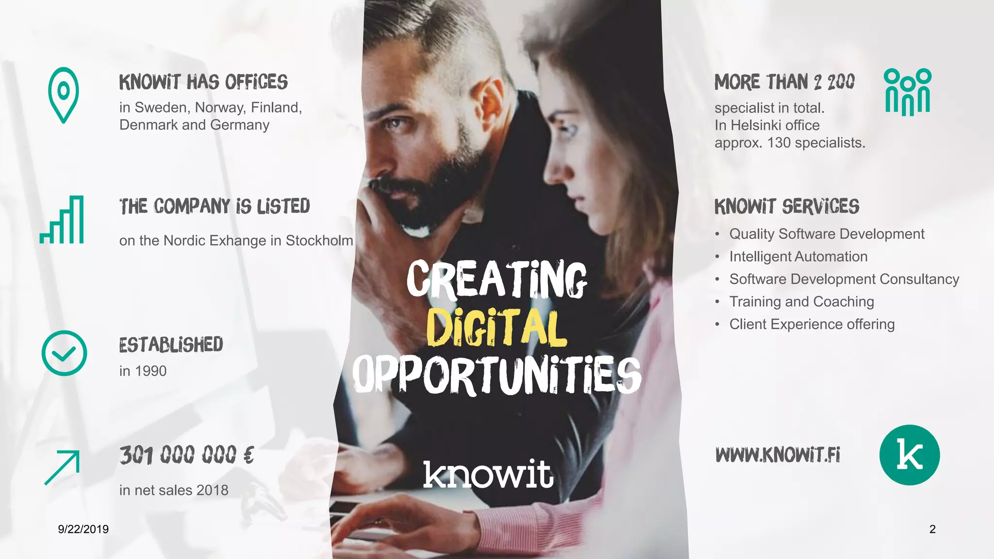 Knowit has offices
The company is listed
Established
301 000 000 €
More than 2 200
Knowit services
www.knowit.fi
in Sweden, Norway, Finland,
Denmark and Germany
on the Nordic Exhange in Stockholm
in 1990
in net sales 2018
specialist in total.
In Helsinki office
approx. 130 specialists.
Creating
Digital
Opportunities
• Quality Software Development
• Intelligent Automation
• Software Development Consultancy
• Training and Coaching
• Client Experience offering
29/22/2019
 