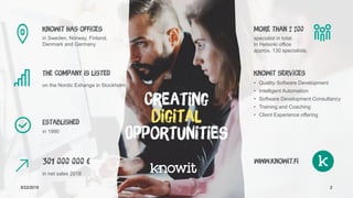 Knowit has offices
The company is listed
Established
301 000 000 €
More than 2 200
Knowit services
www.knowit.fi
in Sweden, Norway, Finland,
Denmark and Germany
on the Nordic Exhange in Stockholm
in 1990
in net sales 2018
specialist in total.
In Helsinki office
approx. 130 specialists.
Creating
Digital
Opportunities
• Quality Software Development
• Intelligent Automation
• Software Development Consultancy
• Training and Coaching
• Client Experience offering
29/22/2019
 