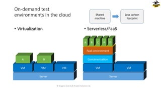 • Virtualization • Serverless/FaaS
On-demand test
environments in the cloud Shared
machine
Less carbon
footprint
© Dragons Out Oy & Knowit Solutions Oy
 