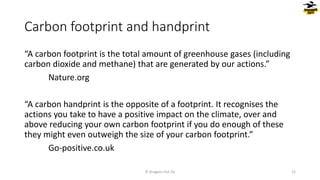Carbon footprint and handprint
“A carbon footprint is the total amount of greenhouse gases (including
carbon dioxide and methane) that are generated by our actions.”
Nature.org
“A carbon handprint is the opposite of a footprint. It recognises the
actions you take to have a positive impact on the climate, over and
above reducing your own carbon footprint if you do enough of these
they might even outweigh the size of your carbon footprint.”
Go-positive.co.uk
© Dragons Out Oy 12
 