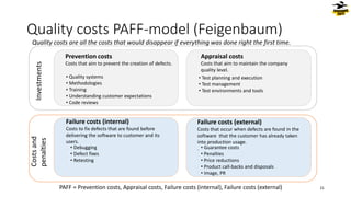 Quality costs PAFF-model (Feigenbaum)
21
Quality costs are all the costs that would disappear if everything was done right the first time.
Prevention costs
Costs that aim to prevent the creation of defects.
• Quality systems
• Methodologies
• Training
• Understanding customer expectations
• Code reviews
Appraisal costs
Costs that aim to maintain the company
quality level.
• Test planning and execution
• Test management
• Test environments and tools
Failure costs (internal)
Costs to fix defects that are found before
delivering the software to customer and its
users.
• Debugging
• Defect fixes
• Retesting
Failure costs (external)
Costs that occur when defects are found in the
software that the customer has already taken
into production usage.
. • Guarantee costs
• Penalties
• Price reductions
• Product call-backs and disposals
• Image, PR
Investments
Costs
and
penalties
PAFF = Prevention costs, Appraisal costs, Failure costs (internal), Failure costs (external)
 
