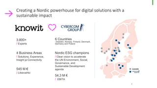Creating a Nordic powerhouse for digital solutions with a
sustainable impact
3
2
3,800+
/ Experts
6 Countries
/ Sweden, Norway, Finland, Denmark,
Germany and Poland
545 M €
/ Liikevaihto
54,3 M €
/ EBITA
4 Business Areas
/ Solutions, Experience,
Insight ja Connectivity
Nordic ESG champions
/ Clear vision to accelerate
the UN Environment, Social,
Governance, and
Sustainable Development
agenda
 