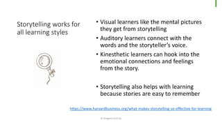 Storytelling works for
all learning styles
• Visual learners like the mental pictures
they get from storytelling
• Auditory learners connect with the
words and the storyteller’s voice.
• Kinesthetic learners can hook into the
emotional connections and feelings
from the story.
• Storytelling also helps with learning
because stories are easy to remember
© Dragons Out Oy
https://www.harvardbusiness.org/what-makes-storytelling-so-effective-for-learning
 