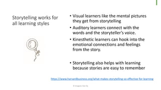 Storytelling works for
all learning styles
• Visual learners like the mental pictures
they get from storytelling
• Auditory learners connect with the
words and the storyteller’s voice.
• Kinesthetic learners can hook into the
emotional connections and feelings
from the story.
• Storytelling also helps with learning
because stories are easy to remember
© Dragons Out Oy
https://www.harvardbusiness.org/what-makes-storytelling-so-effective-for-learning
 