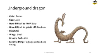 Underground dragon
• Color: Brown
• Size: Large
• How difficult to find?: Easy
• How difficult to get rid of?: Medium
• Flies?: No
• Wings: Small
• Breaths fire?: A lot
• Favorite thing: Finding easy food and
eating
© Dragons Out Oy 20
 