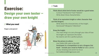 Exercise:
Design your own tester –
draw your own knight
// What you need
Paper and pencil
// Task
1 Think about what kind of tester would be a good tester.
- Curious? Handsome? Fast? Patient?
- Write down these characteristics.
2 Think of an equivalent knight or other character that
can find dragons.
- Write down the characteristics of the knight.
- Harnessed? Weapons? Attentive?
3 Draw the knight.
- The main thing is to carry through your idea of how
the knight can represent the tester.
- No need to aim for a perfect picture.
4 Show the picture to others.
- Use Padlet (QR code to the left)
- Participate in a Competition to win a Dragons Out
book – include your email to Padlet or take a photo
of your drawing and send it to me at
kari.kakkonen@dragonsout.com
29
© Dragons Out Oy
 