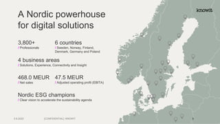 A Nordic powerhouse
for digital solutions
3,800+
/ Professionals
6 countries
/ Sweden, Norway, Finland,
Denmark, Germany and Poland
4 business areas
/ Solutions, Experience, Connectivity and Insight
468.0 MEUR
/ Net sales
Nordic ESG champions
/ Clear vision to accelerate the sustainability agenda
47.5 MEUR
/ Adjusted operating profit (EBITA)
[CONFIDENTIAL] KNOWIT
2.6.2022 3
 
