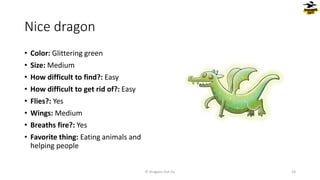 Nice dragon
• Color: Glittering green
• Size: Medium
• How difficult to find?: Easy
• How difficult to get rid of?: Easy
• Flies?: Yes
• Wings: Medium
• Breaths fire?: Yes
• Favorite thing: Eating animals and
helping people
© Dragons Out Oy 23
 