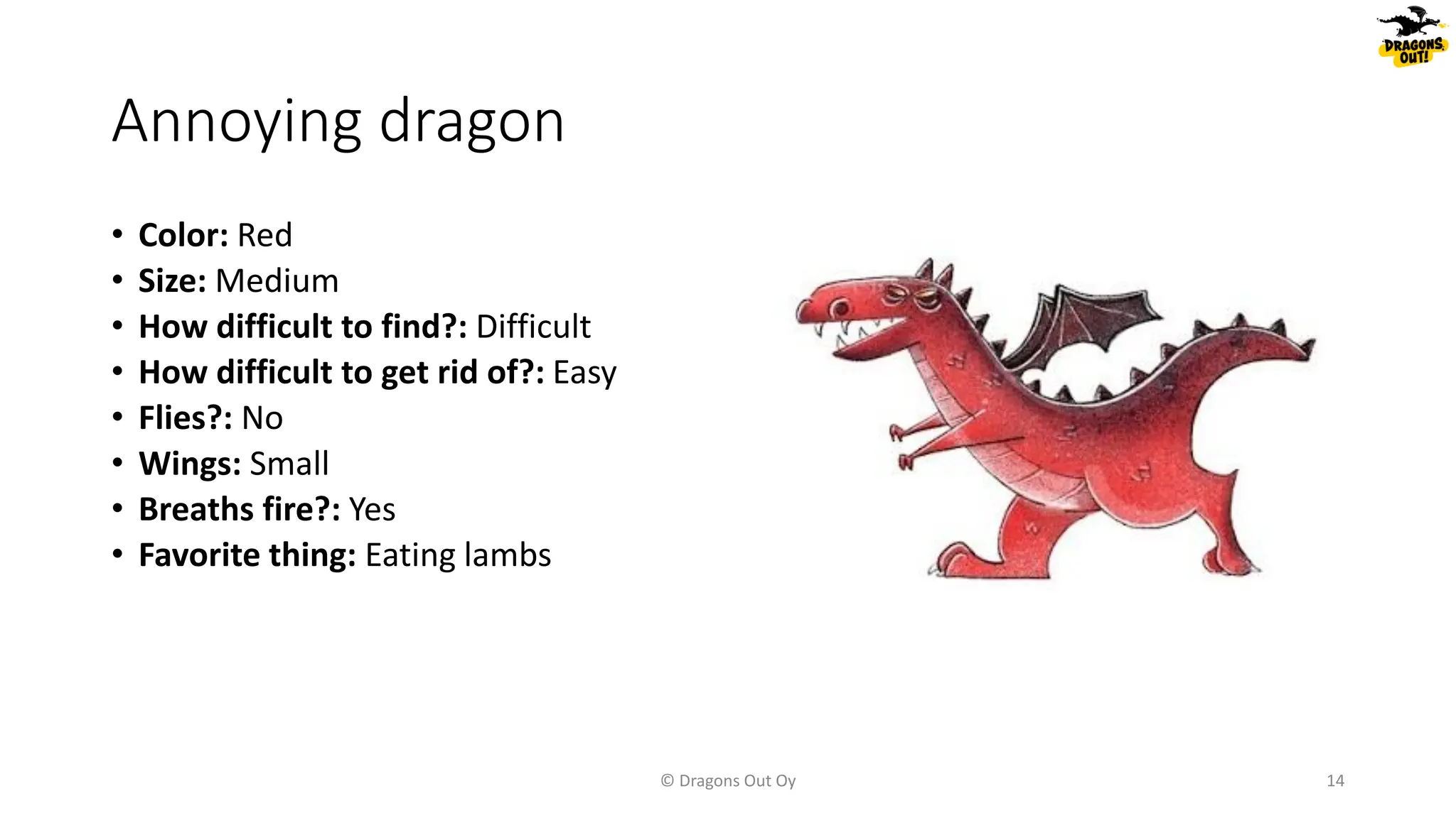 Annoying dragon
• Color: Red
• Size: Medium
• How difficult to find?: Difficult
• How difficult to get rid of?: Easy
• Flies?: No
• Wings: Small
• Breaths fire?: Yes
• Favorite thing: Eating lambs
© Dragons Out Oy 14
 