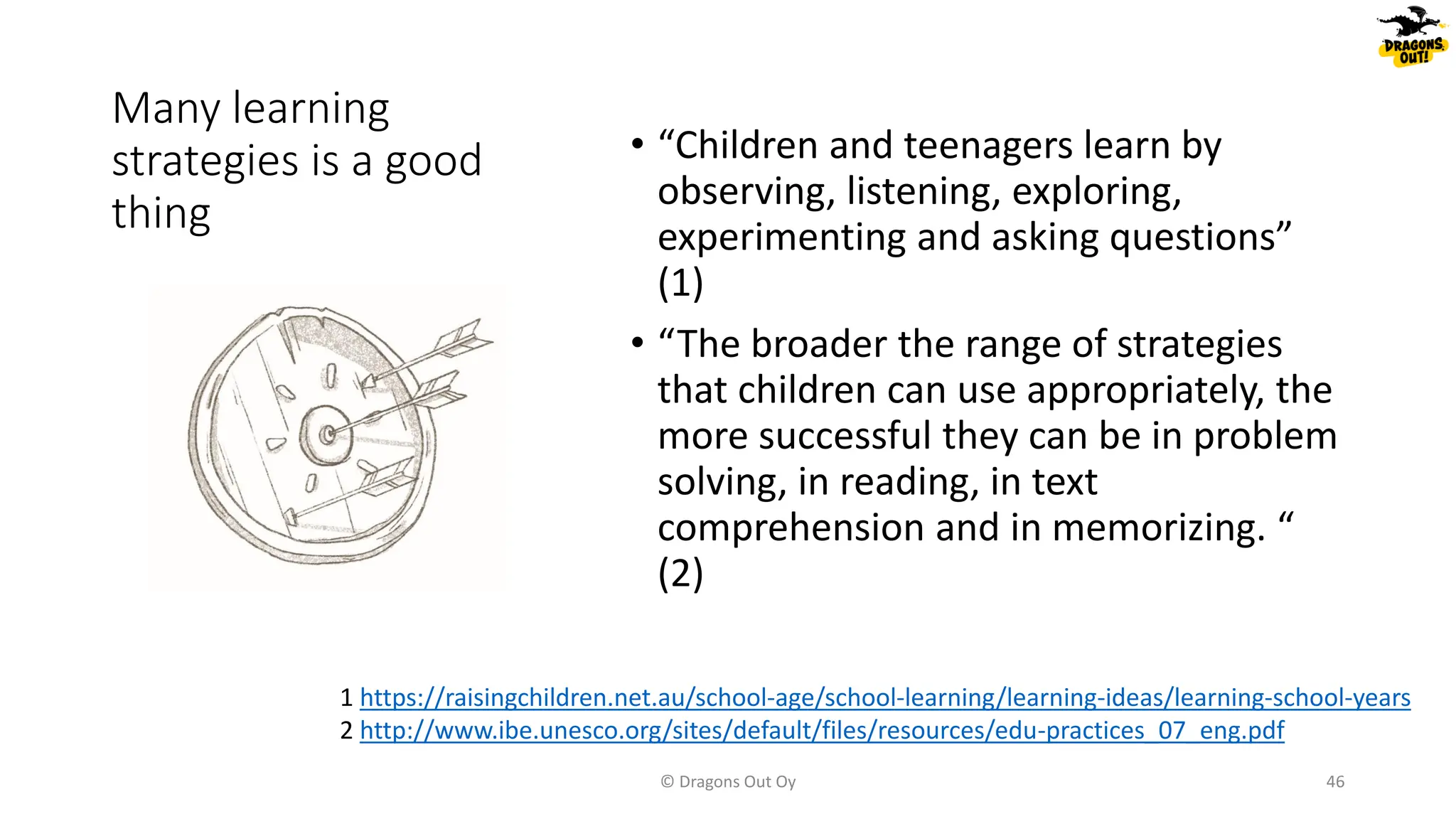 Many learning
strategies is a good
thing
• “Children and teenagers learn by
observing, listening, exploring,
experimenting and asking questions”
(1)
• “The broader the range of strategies
that children can use appropriately, the
more successful they can be in problem
solving, in reading, in text
comprehension and in memorizing. “
(2)
© Dragons Out Oy 46
1 https://raisingchildren.net.au/school-age/school-learning/learning-ideas/learning-school-years
2 http://www.ibe.unesco.org/sites/default/files/resources/edu-practices_07_eng.pdf
 