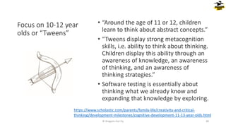 Focus on 10-12 year
olds or “Tweens”
• “Around the age of 11 or 12, children
learn to think about abstract concepts.”
• “Tweens display strong metacognition
skills, i.e. ability to think about thinking.
Children display this ability through an
awareness of knowledge, an awareness
of thinking, and an awareness of
thinking strategies.”
• Software testing is essentially about
thinking what we already know and
expanding that knowledge by exploring.
© Dragons Out Oy 48
https://www.scholastic.com/parents/family-life/creativity-and-critical-
thinking/development-milestones/cognitive-development-11-13-year-olds.html
 