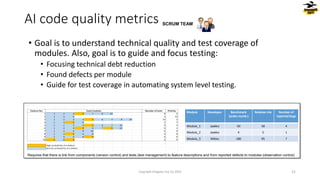 • Goal is to understand technical quality and test coverage of
modules. Also, goal is to guide and focus testing:
• Focusing technical debt reduction
• Found defects per module
• Guide for test coverage in automating system level testing.
AI code quality metrics
Copyright Dragons Out Oy 2024
Requires that there is link from components (version control) and tests (test management) to feature descriptions and from reported defects to modules (observation control)
Module Developer Benchmark
(order.numb.)
Relative risk Number of
reported bugs
Module_1 Jaakko 50 58 4
Module_2 Jaakko 4 5 1
Module_3 Mikko 180 95 7
SCRUM TEAM
21
 